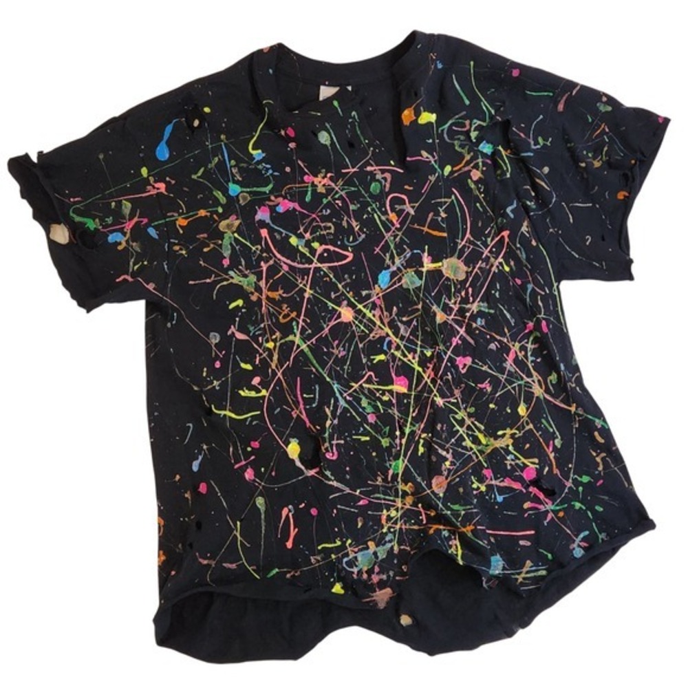 Y2K Paint Splatter T TEE Shirt  Black Punk GRUNGE Artist neon AOP graphic MEDIUM